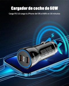 Chargeur rapide de voiture 60W PD pour appareils intelligents Type-C 2 ports avec câble de 1 m compatible avec iPhone/<span class=keywords><strong>Samsung</strong></span>/Android, charge rapide des smartphones - Product Image 3