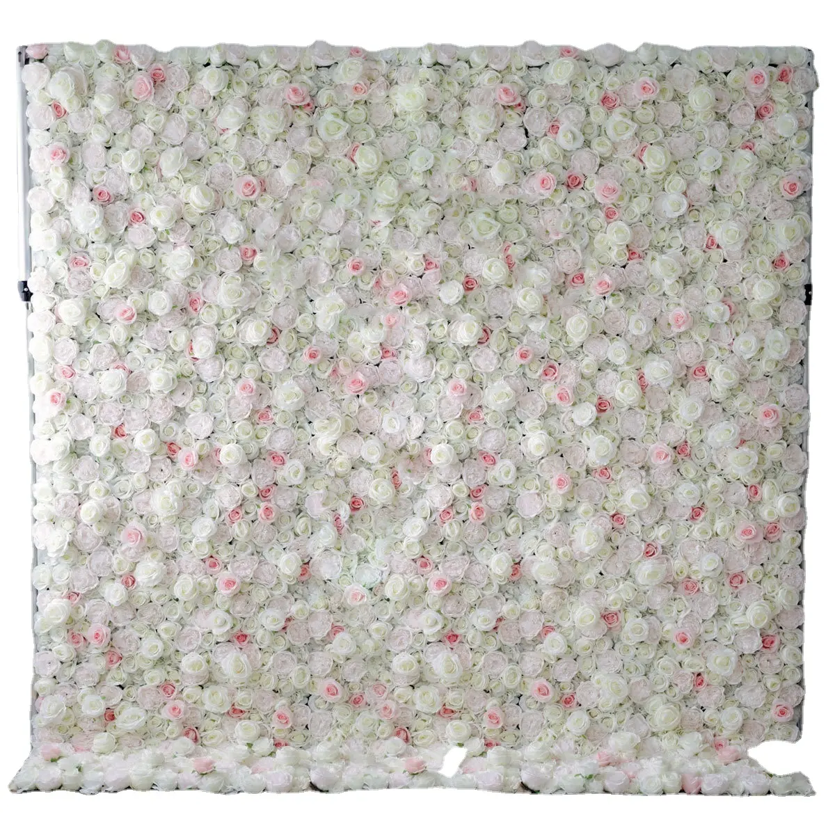 Panel de pared de flores rosas de seda artística, rollo de flores de plumas blancas, telón de fondo para decoración de boda y ambiente artístico de Año Nuevo
