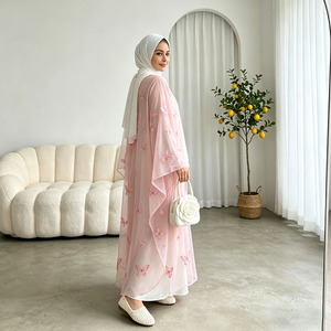 Eid Ramadan Pink Butterfly lace Embroidered Abaya <b>Set</b> Women Luxury Robe 2 Pieces <b>Modest</b> Dress Wholesale - Product Image 3