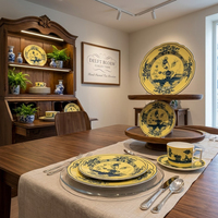 Service de table vintage en porcelaine fine Chinoiserie jaune sauge, assiette de présentation rétro à motif floral, tasse à café et bol en céramique pour hôtel
