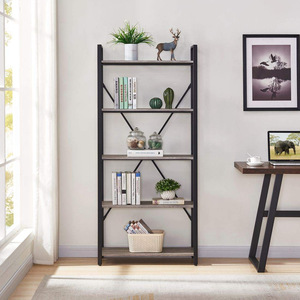 Librería de Madera de Diseño Industrial Moderno <span class=keywords><strong>Chicon</strong></span> de 2 Niveles con Estructura de Hierro y Escalera para Almacenamiento en la Sala de Estar - Product Image 4