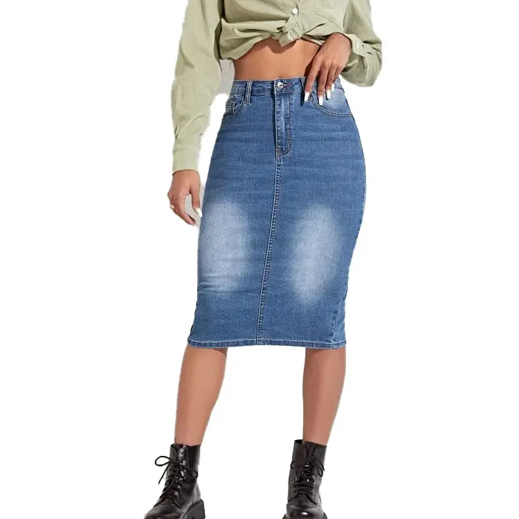 Rok Jeans Tinggi Wanita Model A-line, Rok Denim Wanita, Rok Maxi, Rok Denim Kasual, Model A-line, Rok Denim Wanita Selutut, Ukuran Plus