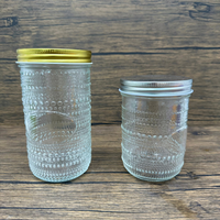 Pot en verre transparent imprimé 480ml 580ml avec couvercle en fer blanc à points gaufrés, classique pour cuisine, aliments, épices, thé, à large ouverture, type Mason