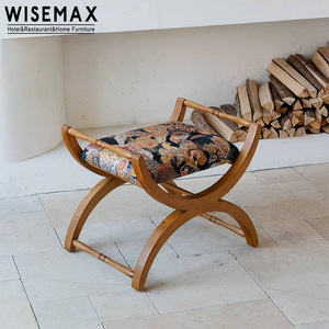WISEMAX Furniture Medieval Style Home Furniture Solid Wood Stools Ottomans Retro Upholstery Fabric <strong>Low</strong> <strong>Footstool</strong> for Living Room - Product Image 5
