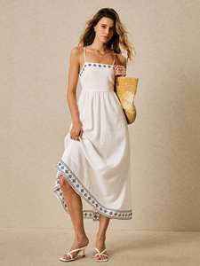 Vestido Largo Blanco Casual Elegante para Mujer, Tirantes Finos, Espalda Descubierta, Bordado Azul, Maxi, 100% Algodón Tejido, Cintura Natural - Product Image 6