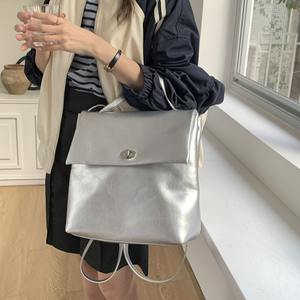 New Stylish Silver <b>Large</b>-Capacity Commuting <b>Backpack</b> for <b>Women</b> Versatile PU Material Polyester Lining Soft Handle Button Closure - Product Image 2