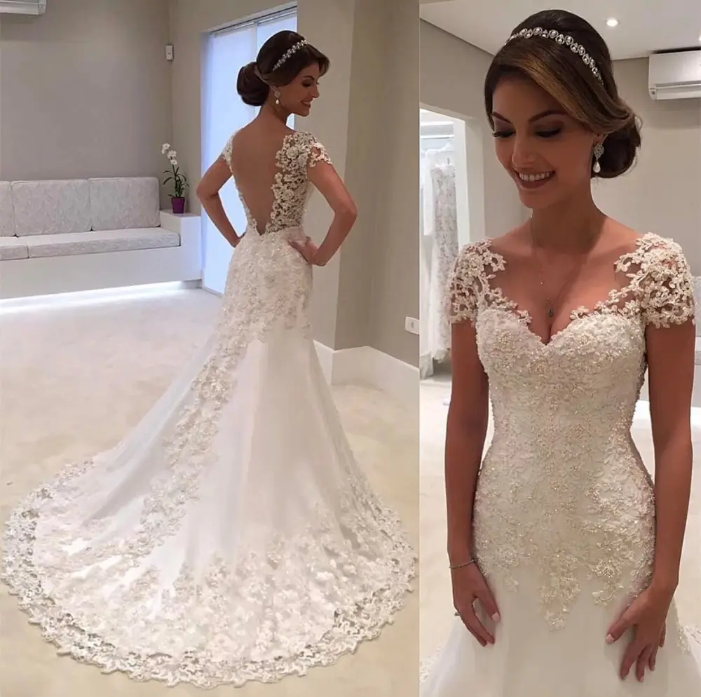 Backless Elegant Romantic Trumpet Short Sleeve Satin Lace mermaid wedding dress bridal gown