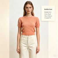 Pull en maille décontracté à manches courtes de couleur rose de haute qualité Filippa Custom Pormporm Pointelle, vente en gros OEM & ODM