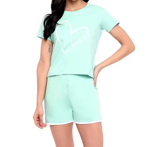 Ensemble short 2 pièces vert menthe pour femme, décontracté, col rond, haut à manches courtes, au-dessus du genou, respirant, en polyester et coton, pour l'été - Product Image 3