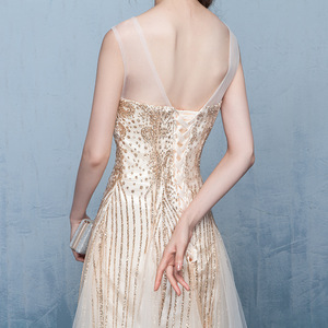 Elegant <b>Sequined</b> Evening Gown Women's Long A-Line Chiffon Dress Scoop Neck Empire Waistline For Banquets Hostess Social Events - Product Image 3