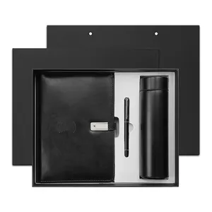 Couverture noire classique PU cuir couverture rigide A5 carnet logo personnalisé ensembles cadeaux d'affaires chargeur sans fil banque d'alimentation carnet cadeaux