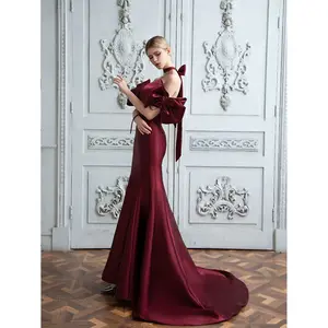 Gorgeous Evening Dresses Mermaid Russia Girls Burgundy Off Shoulder Bow Sexy Backless Formal Wedding Banquet Party Prom Gowns