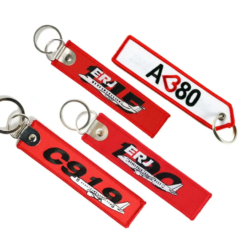 Promotional Gifts Custom Cheap Jet Tag Fabric Embroidery Car Keychains Key Holder Woven Embroidery Keyring