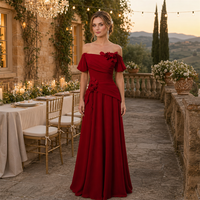 Robe de soirée sur mesure bordeaux, coupe trapèze, épaules dénudées, avec fleurs 3D, col choker, manches drapées, longueur ras du sol, vente en gros