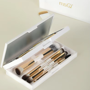 Juego de 8 brochas de maquillaje profesionales de pelo de cabra de doble capa con mango de madera y estuche, compatibles con corrector y brocha de afeitar - Product Image 1