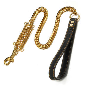 <span class=keywords><strong>Heavy</strong></span> <span class=keywords><strong>Duty</strong></span> Gold Cuban Curb Link Kette 14mm Edelstahl Hund Sicherheits leine Puffer Feder Echtes Leder Griff Hunde leine - Product Image 3
