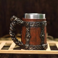 D5903 Chope à bière effet bois en acier inoxydable 304, tasse à café médiévale, cadeau, chope de taverne en forme de baril en bois