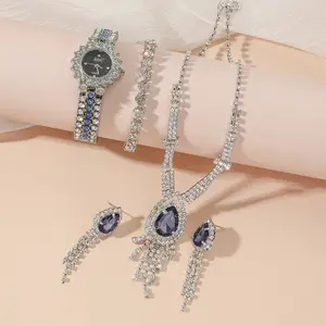Conjunto de relógio e joias luxuoso de zircônia, conjunto de pulseira e colar feminino com zircônio, em oferta, 2023