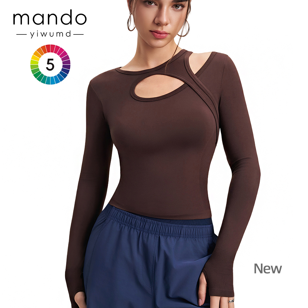 High Stretch Asymmetrical Cutout Neck Women's Sports T-Shirt Hollow Cross-Fashion Yoga Top Long Sleeves Thumb Holes