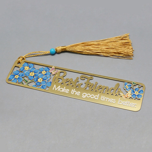 Wholesale Custom 13x3cm Elegant Floral Hollow Copper Bookmarks with Tassel and Backcard for Gifting