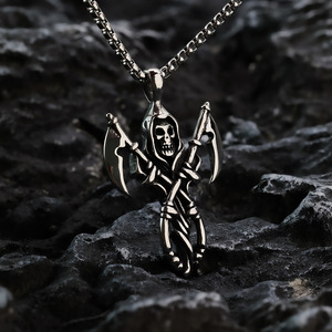 Pendentif squelette Grim Reaper en acier inoxydable, collier pour homme, style hip hop, chaîne de 60 cm, design géométrique, asymétrie, bijoux tendance - Product Image 2