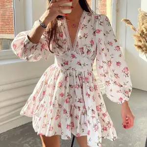 V-neck Elegant Sweet Dress Women Long Sleeve Chiffon Floral Dress Party Beach Dress for Females Korean Style 2023 Summer Chic