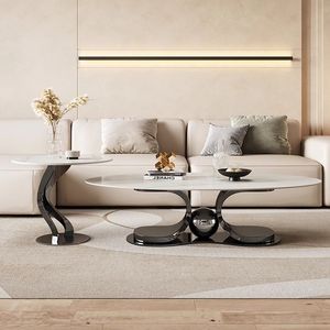 Juego de Mesa de Centro Ovalada de Estilo Italiano, Muebles Modernos Minimalistas para Sala de Estar, Base de Acero Inoxidable, Diseño de Lujo - Product Image 1