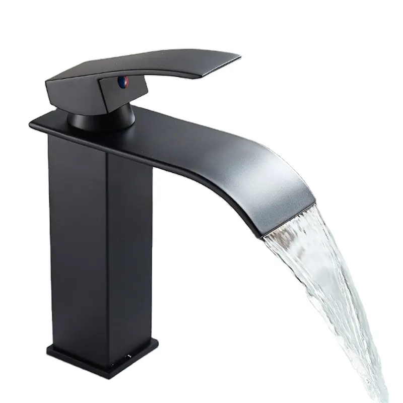 Siyah şelale havza musluk tek kolu soğuk ve sıcak su musluk bataryası güverte üstü 304 paslanmaz çelik banyo musluk