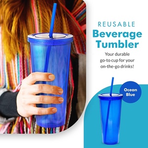 Gobelets isothermes réutilisables à double paroi de 710 ml (24 oz) – <span class=keywords><strong>Gobelet</strong></span> en <span class=keywords><strong>plastique</strong></span> transparent bleu de 24 oz avec couvercles et pailles - Product Image 3