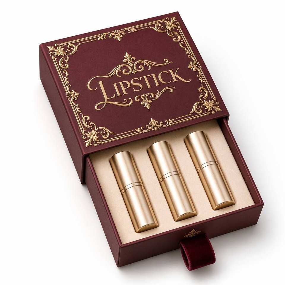 Luxury Drawer Box with Ribbon Pull for Lipstick Gold Foil Burgundy ...