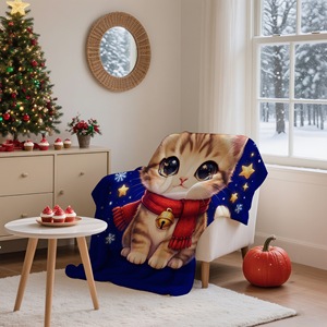 Manta de Felpa con Diseño de Gatito Navideño, Rectangular, Antipilling, Lavable a Máquina, Decoración Moderna para el Hogar en Invierno - Product Image 3