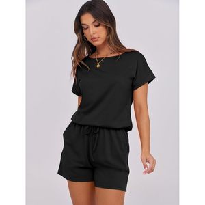 Romper For Women Summer Casual One Piece Short Sleeve Crew Neck Elastic Waist Loose Fit Beach Vacation Outfit 100% Polyester - Product Image 6