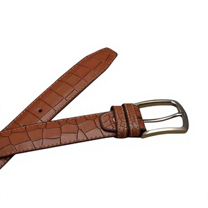 Genuine Leather Men's <b>Belt</b> Brown Crocodile Pattern <b>Silver</b> Rectangular Pin <b>Buckle</b> Formal Style Durable One-Piece Molding - Product Image 3