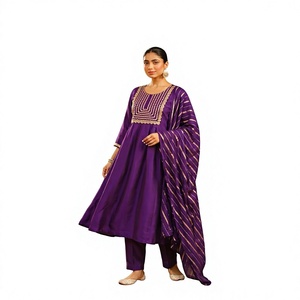 <b>Women</b> Traditional Purple Embroidered <b>Kurta</b> Set With Dupatta Loose Fit Ankle-Length Cotton Ethnic Wear India Pakistan Style - Product Image 1