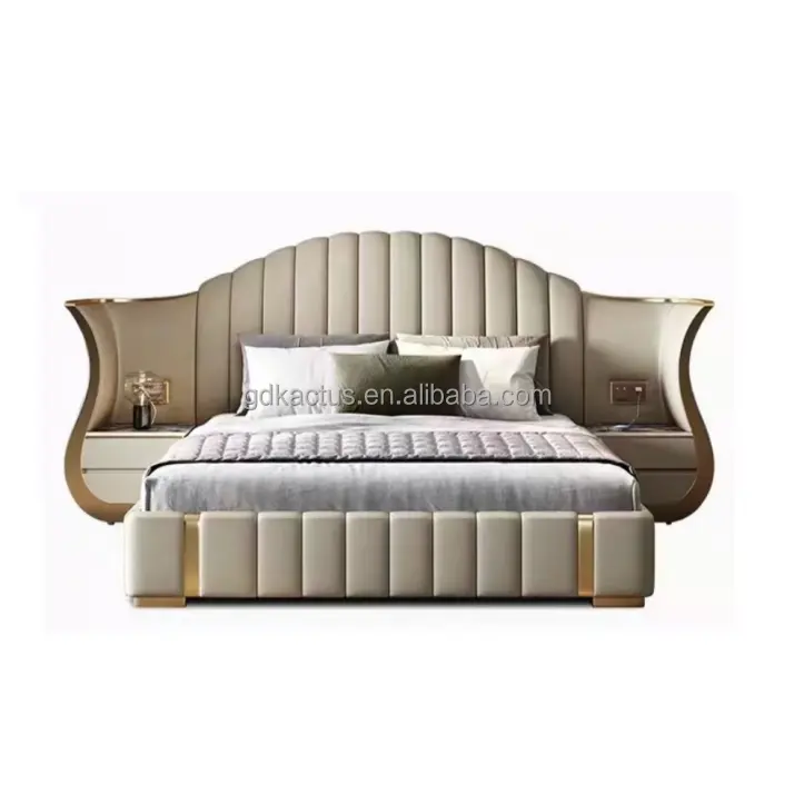 उच्च गुणवत्ता वाला लक्जरी चमड़े का बिस्तर, बेडसाइड टेबल के साथ अनुकूलित किंग साइज बिस्तर