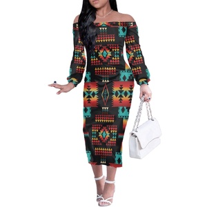Vestidos de mujer de manga larga con hombros descubiertos y patrón <span class=keywords><strong>azteca</strong></span> mexicano, vestido de noche elegante personalizado, estampado a pedido - Product Image 1