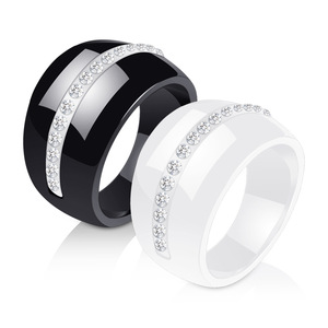 Ceramic <b>Couple</b> <b>Rings</b> 14MM Black White Single Row Diamond Encrusted Wedding Jewelry Unisex - Product Image 1