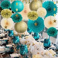 Décorations de fête bleu turquoise et or, lanternes bleues, pompons, éventails en papier, décorations étoiles crème et or pour anniversaire, mariage, fiançailles