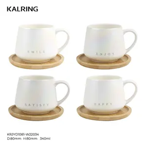 Kalring Wholesale Ceramic Pearl Glaze Double Mould Mug Coffee Cup With Bamboo Saucer