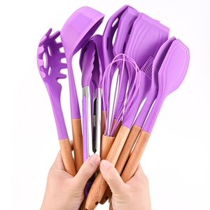 New Design Silicone Kitchen Utensils Set Cooking <b>Tools</b> Beech Wooden Handle Cooking Utensils Set with Holder - Product Image 3