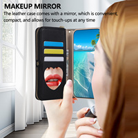 Étui portefeuille en cuir avec lanière bandoulière et miroir intégré pour Xiaomi 13T 14T 14 Ultra et Redmi Note 14 Pro Plus, avec fentes pour cartes et fermeture éclair