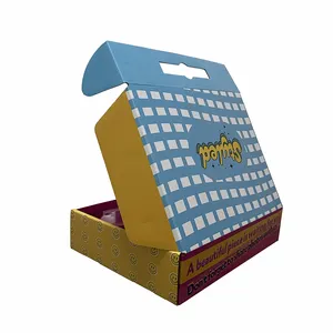 Caixa de papel ondulado personalizada para transporte com impressão colorida, caixa de papel para embalagem de roupas com alça de plástico
