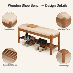 Wooden Shoe Storage <strong>Bench</strong> <strong>with</strong> Cream Faux <strong>Leather</strong> Cushion <strong>Seat</strong> and Slatted Shelf for Entryway Hallway Home - Product Image 4