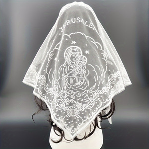 Turbante Musulmán de Color Sólido con la Virgen María, Diadema Floral de Encaje Jacquard, Hiyab con Bordado, Chal Triangular para Accesorios de Boda - Product Image 4