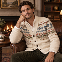 Kardigan Rajut Pria Fair Isle V-Neck Kancing Depan Jaket Rajut Jacquard Nordik Vintage Pakaian Rajut Musim Dingin Custom OEM ODM Grosir