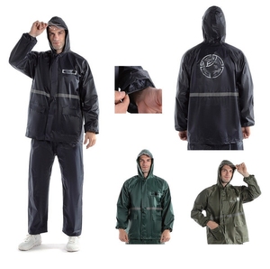 Combinaison de pluie uniforme en polyester avec revêtement PVC, pantalon et veste avec bandes réfléchissantes, capuche. - Product Image 1