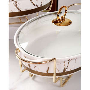 JEETEE fabrika doğrudan satmak altın Oval şekil restoran güveç mermer seramik kaplama büfe çorba tenceresi ile demir standı - Product Image 5