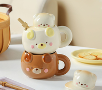 Tasses et mugs en céramique motif ours de dessin animé avec cuillères à couvercle – Cadeaux écologiques et durables pour hommes et femmes, tasses à café pour le petit-déjeuner