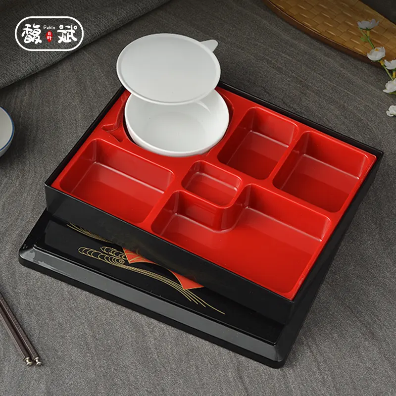 Japanese restaurant plate wood grain bento box multi-grid thick sushi box plastic fast food box with lid
