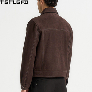 Oem Odm <b>Suede</b> Contrast Stitch <b>Jacket</b> <b>Men</b> Dark Brown Two Way Zipper Windbreaker Streetwear Outerwear Manufacturers Bulk - Product Image 2